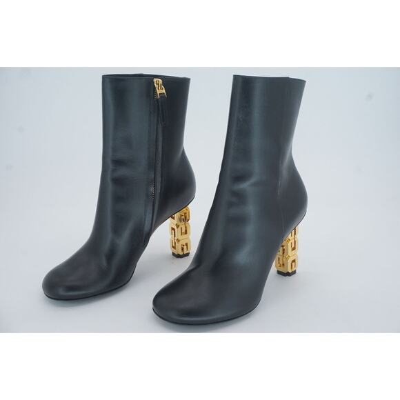 Givenchy Black G Cube Leather Round Toe Ankle Booties SZ 37 Gold Logo Heel $1400 - Picture 3 of 12